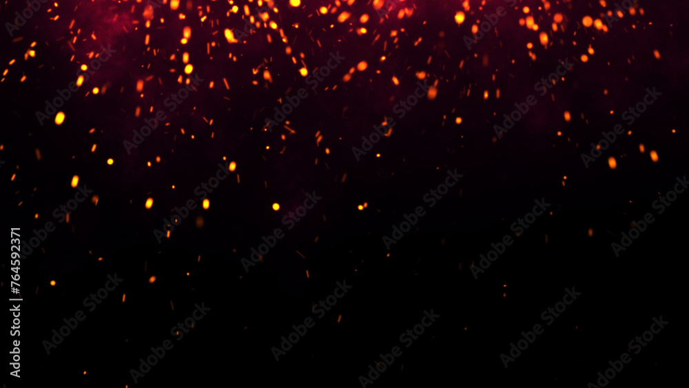 Red Glowing Ember Particles, Dark Glitter Fire Lights Rise Amidst Smoke, Fog, and Misty Texture Over Black Background. Experience the Intensity of Burning Sparks in this Abstract Composition - obrazy, fototapety, plakaty 