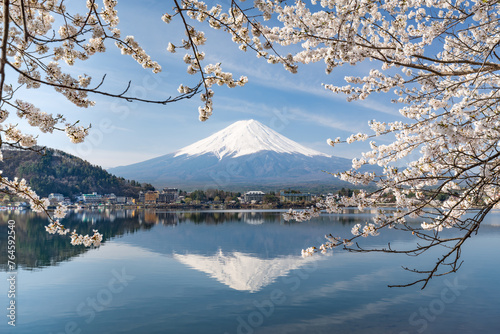 Mount Fuji seen from Lake Kawaguchi, Kawaguchiko, Yamanashi Prefecture, Japan photo