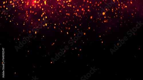 Red Glowing Ember Particles  Dark Glitter Fire Lights Rise Amidst Smoke  Fog  and Misty Texture Over Black Background. Experience the Intensity of Burning Sparks in this Abstract Composition