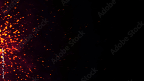 Red Glowing Ember Particles, Dark Glitter Fire Lights Rise Amidst Smoke, Fog, and Misty Texture Over Black Background. Experience the Intensity of Burning Sparks in this Abstract Composition