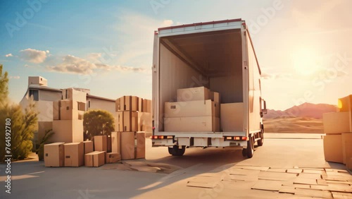 A delivery truck carrying a load of boxes for transportation, New home transition symbolized by a loaded moving truck's open door, AI Generated photo