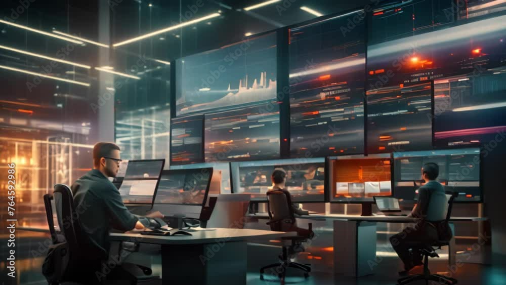 A man focused on his work while sitting at a desk with multiple monitors, Oil and gas trading floor with traders analyzing charts, monitoring prices, AI Generated A man focused on his work while sitting at a desk with multiple monitors, Oil and gas trading floor with traders analyzing charts, monitoring prices, AI Generated
