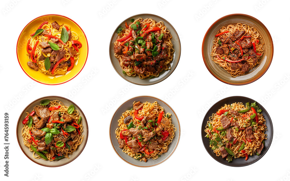 Collection of top view plate of fried noodles with meats and vegetables isolated on a transparent background, PNG Collection of top view plate of fried noodles with meats and vegetables isolated on a transparent background, PNG