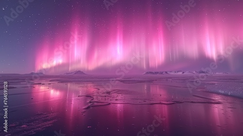 A northern lake under the aurora borealis, the lights reflecting off the ice-covered surface.