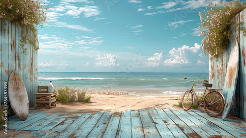 A beach scene with a wooden fence and a bicycle leaning against it