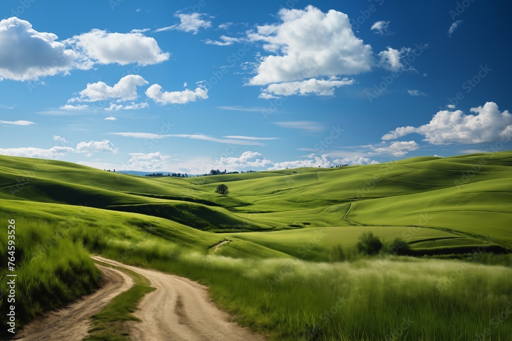 Fototapeta premium a beautiful landscape, a ground road leading into the distance, green grass and wild flowers in the valley, mountains in the distance and sky with white clouds