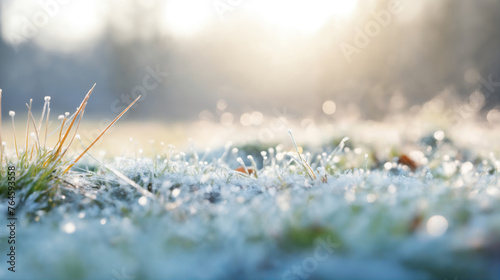 a beautiful winter landscape with frost on the grass, a snowy forest in background, sunlight and beautiful nature