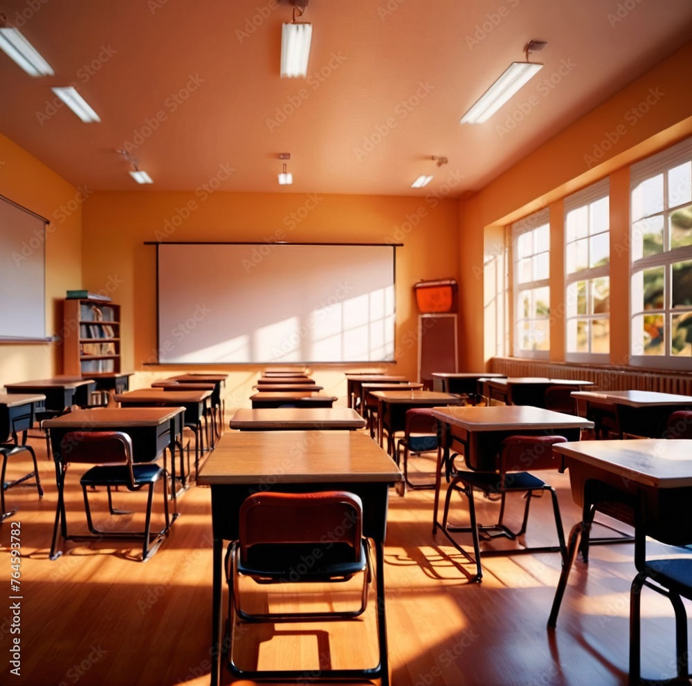 Modern classroom interior, lighty airy room in school for education