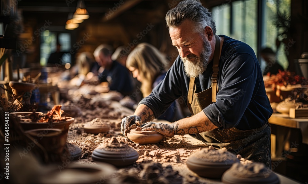 Man Working on Pottery in Pottery Shop Man Working on Pottery in Pottery Shop