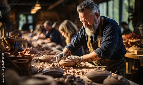 Man Working on Pottery in Pottery Shop