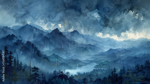 A painting of a mountain range with a stormy sky and rain falling