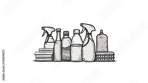 Colorful cleaning products on plain white background. Housecleaning concept,illustration, outline, isolate