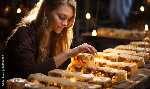 Woman Observing Table Loaded With Honey Jars