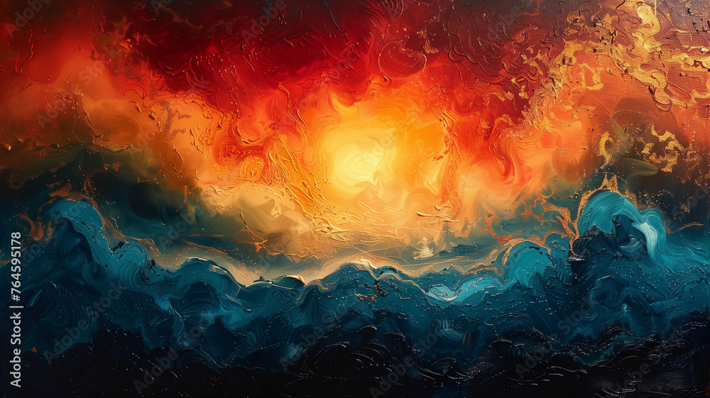 A painting of a fiery sun with a blue ocean in the background