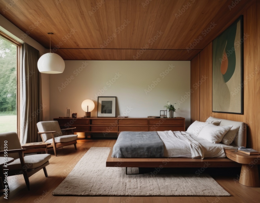 Modern bedroom interior with wooden walls, cozy bed, desk, and framed artwork.