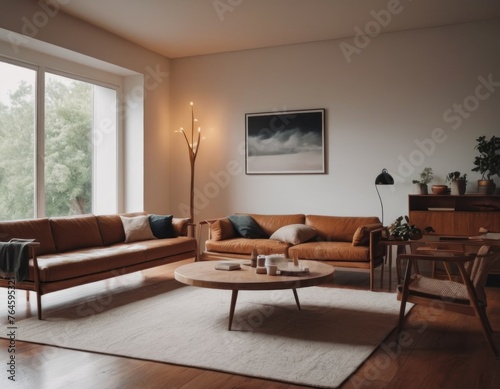 Modern living room interior with leather sofa  coffee table  plants  and artwork on the wall.