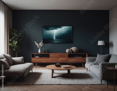 Modern living room interior with leather sofa, coffee table, plants, and artwork on the wall.