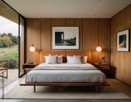 Modern bedroom interior with wooden walls  cozy bed  desk  and framed artwork.