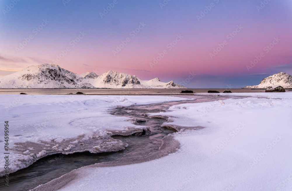Lofoten Haukland beach in winter time, Norway