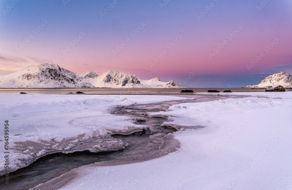 Lofoten Haukland beach in winter time, Norway Lofoten Haukland beach in winter time, Norway