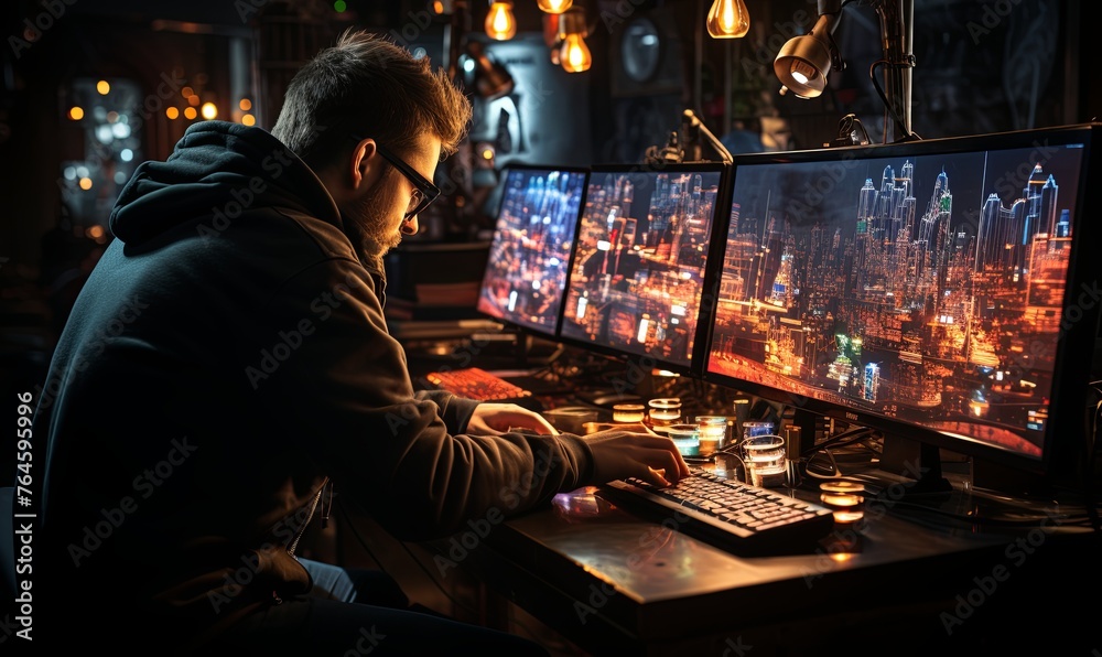 Man Working at Computer Desk With Two Monitors