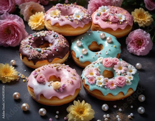 Assorted gourmet donuts with pastel icing and floral decorations on a dark background.