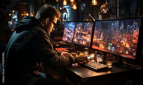 Man Working at Computer Desk With Two Monitors