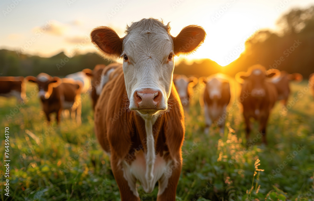 Curious young calf looking at the camera while standing in grassy pasture during sunset