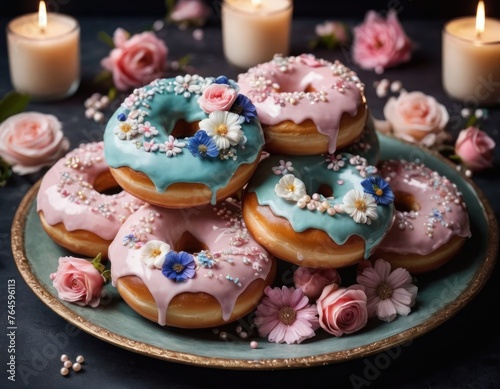 Assorted glazed donuts on a plate with pastel flowers on a dark background.