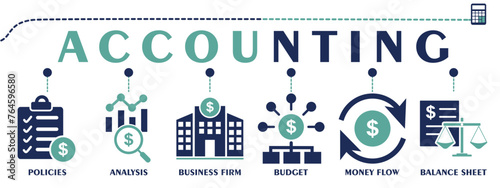 Accounting banner web solid icons. Vector illustration concept with an icon of policies, analysis, business farm, budget, money flow and balance sheet.