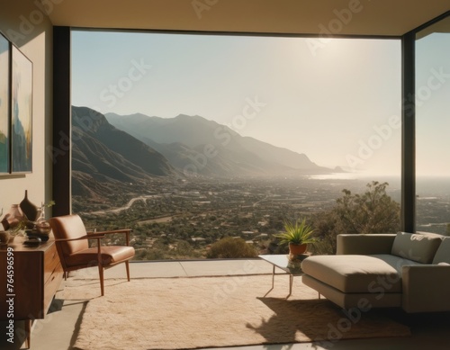 Modern living room with large windows offering a panoramic view of mountains at sunset.