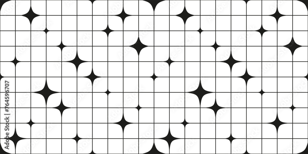 Abstract seamless geometric pattern with stars and grid. Vector bauhaus illustration. Aesthetic minimalists y2k mosaic black and white background.