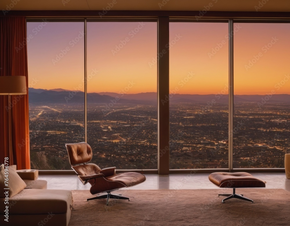 Modern living room with large windows offering mountain views, featuring stylish leather sofas and minimalistic decor.