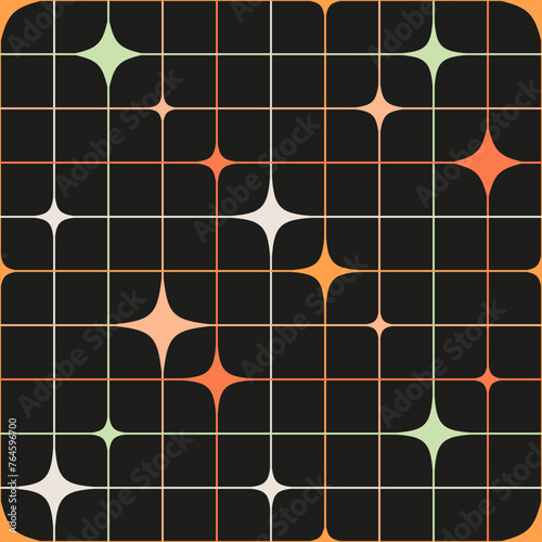 Abstract seamless geometric pattern with stars and grid. Vector bauhaus illustration. Aesthetic minimalists y2k mosaic background.