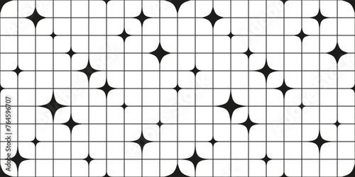 Abstract seamless geometric pattern with stars and grid. Vector bauhaus illustration. Aesthetic minimalists y2k mosaic black and white background.