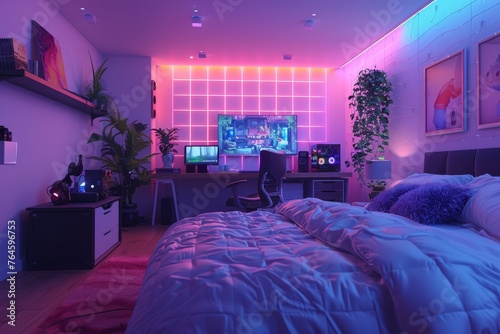 A gamer's bedroom with backlit wall panel