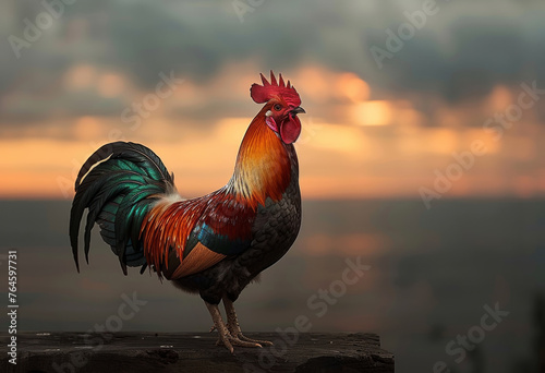 Rooster standing on wooden fence at sunset photo