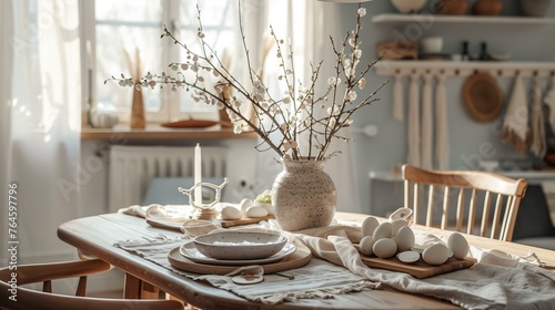 Easter table decorated with Easter eggs in a natural style. beautiful easter decorations