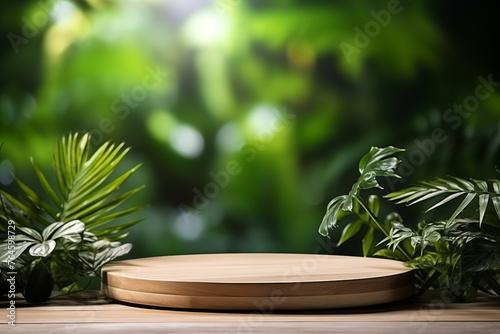 Wooden product display podium for cosmetic product with green nature  background