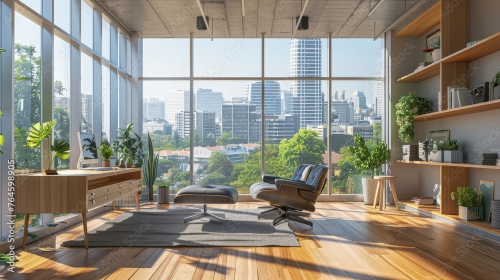 Coworking office interior with panoramic windows, wooden flooring and city view. Coworking office interior with panoramic windows, wooden flooring and city view.