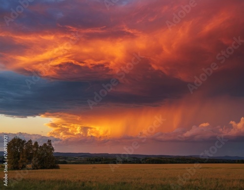 Dramatic sunset with fiery clouds over a serene countryside landscape. © Liera