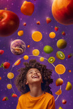 
A smiling child is surrounded by various fruits that resemble the solar system, a strawberry, a plum, an orange, a watermelon, an apple, a grape, a lemon, the background is purple, a globe can be see