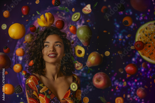 Smiling beautiful girl in sarong dress dark skin with curly hair is surrounded by various fruits melon, mango strawberry, plum, orange, watermelon, apple, grape, lemon, background is purple and pink 