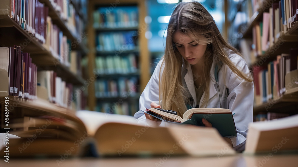 Focused female medical student reading textbooks in library with copy space Focused female medical student reading textbooks in library with copy space