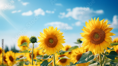 Sunflower field with cloudy blue sky