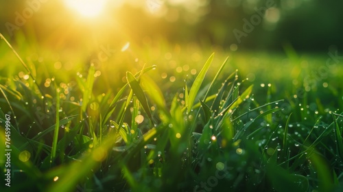  Panoramic background of beautiful green tender grass on a black forest field illuminated by the morning sun. The close-up of the grass is more prominent, giving it a complete feeling of new life in 