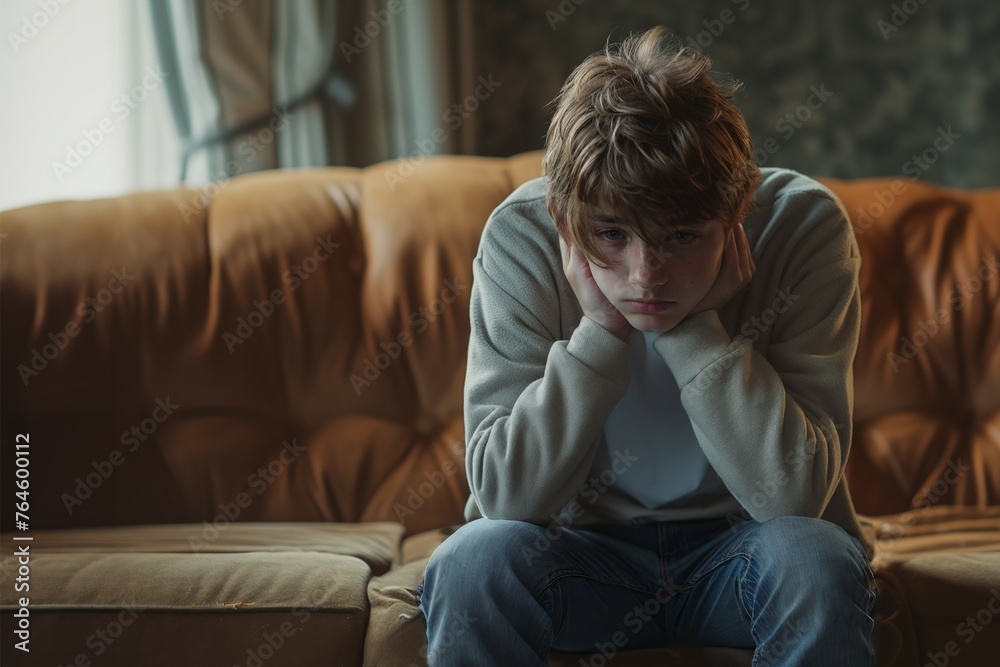 Depressed 15 years old teenager boy, sad and unhappy, sitting on a sofa. Depression danger.