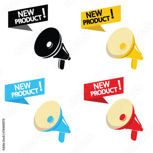 Megaphone with new product speech bubble. Loudspeaker. Banner for business, marketing and advertising