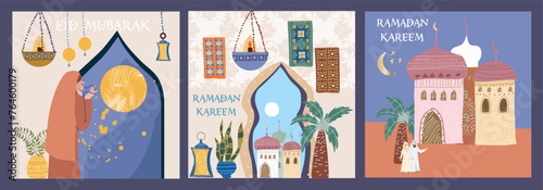 Ramadan Karim, Eid Mubarak, Islamic holiday vector illustrations, greeting cards set, Arabic architecture cards, template and background for poster, greeting or postcard, background.