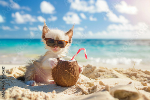  Cute little kitten with sunglasses on the beach with paws on a coconut in the background sea, ocean can be seen © apimagine